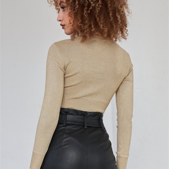 Sparkly Metallic Gold Long Sleeve Crop Cardigan Sweater Top - Picture 2 of 3